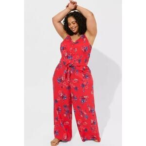 New Torrid 2Pc Challis Set Outfit 2X Red Floral Tie Front Crop Top Wide Leg Pant